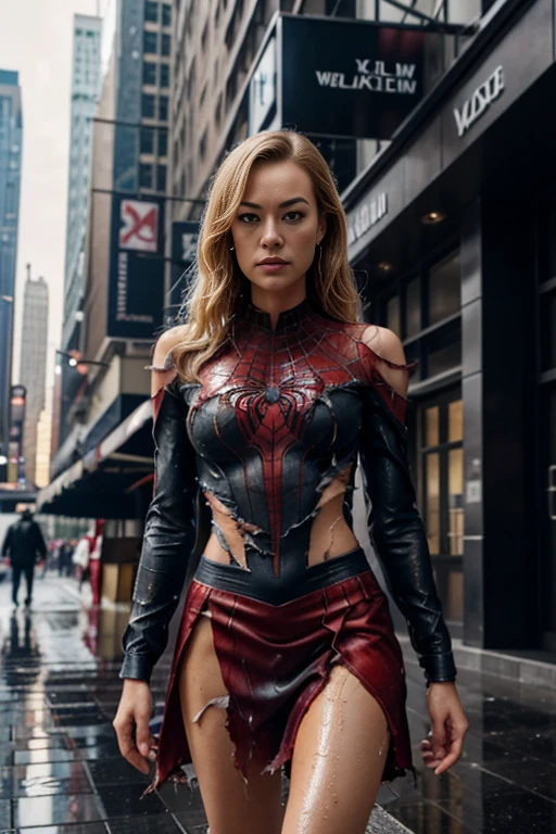 Yvonne Strahovski、マーベル・コミック映画のposter, very beautiful, movies about spiderman, sexy, whole body, I'm wearing a skirt、premiere date, poster、belly buttonを突き出す、new york、she&#39;s wearing a torn spiderman suit,the suit is torn、wearing a skirt、 red and black color scheme,dynamic、masterpiece、highest quality、super detailed、very detailed、Detailed beautiful shine、超A high resolution、cinematic,tear,teardrop,(torn clothes:1.5), (wet clothes:1.4), bare shoulders,real rain,wet hair,belly button、exposing skin、sexyな肩を見せてる