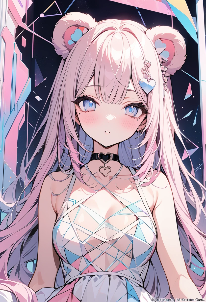 beautiful flower々),mole under eye, a heart shaped choker, (masterpiece, highest quality), official art, beautiful and aesthetic: 1.2), (1 girl), very detailed, (geometry art: 1.3), colorful、pink long hair、bear ears、 whole body,light blue eyes