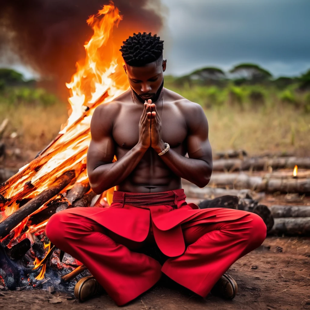 Mitologia Africana. Relista. Homem negro bonito, ajoelhado de frente para a foto, In prayer, Hands together, sem camisa, Red pants, colar fino de contas vermelhas. Dark scenery with a big bonfire behind