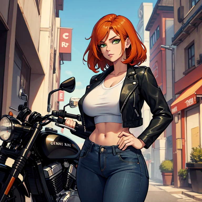 Woman, orange hair, green eyes, black leather jacket, cropped white shirt, jeans, curvy, motorcycle, wide hips, slender abs
