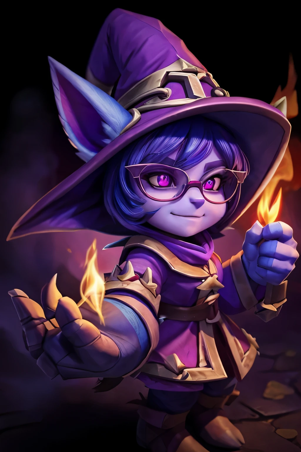 a female yordle from the video game League of Legends, with dark purple skin but not too dark, clear eyes, 2.5 feet tall, not very furry, with 4 fingers on each hand and foot, always with a knitted plushie of Veigar the yordle sorcerer, wearing glasses and a wizard's hat with flowers and flames, her outfit is light purple and red simulating flames, with a fringe towards the left covering one eye over the glasses, blue or light blue glasses, a dark blue bandana with thorn symbols around her neck, short ears with red fur inside, curly and short hair that is very light purple and fades to dark blue, with a sarcastic and evil attitude, for a d&d game