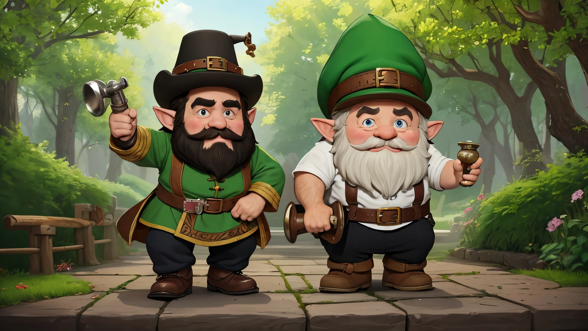 (master piece), 8k, best quality, cartoon, Leprechaun, tiny  man, 1 meter tall, black hair, black beard, old man, wrinkled skin, thick nose, brown eyes and pointed elf ears, which denote his magical nature , green clothing, often accompanied by a red cap, a strange three-cornered hat, a leather apron, pipe, small old and worn hammer, shoes with buckles complete his characteristic attire.