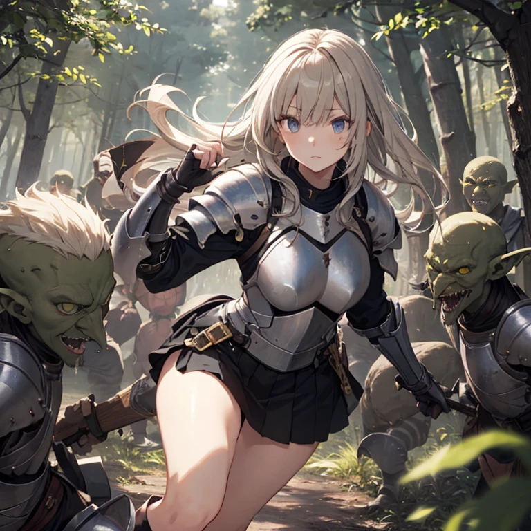 A female knight, (in forest), wearing armored clothes, metal armor, night, details face, , short skirt, surrounded by goblins, various weapons