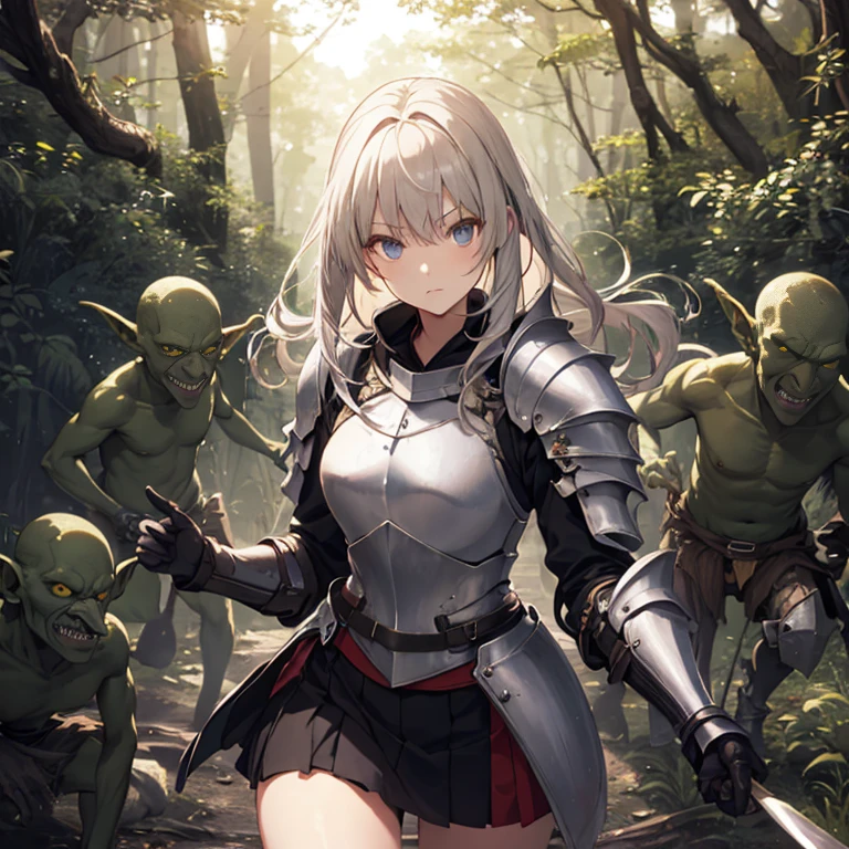 A female knight, (in forest), wearing armored clothes, metal armor, night, details face, , short skirt, surrounded by goblins, various weapons