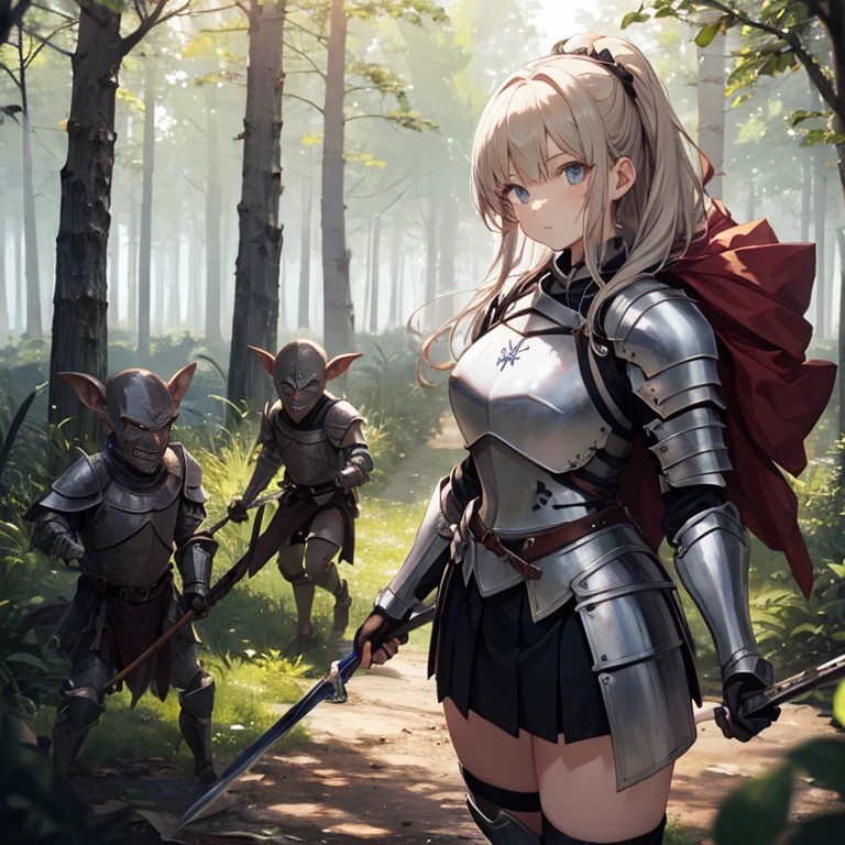 A female knight, (in forest), wearing armored clothes, metal armor, night, details face, , short skirt, surrounded by goblins, various weapons
