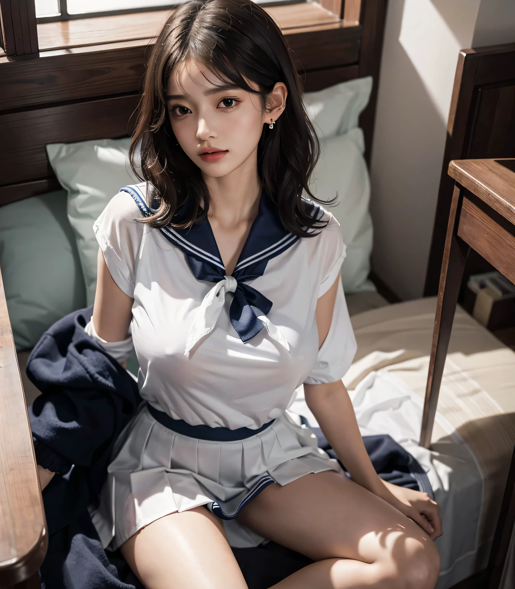 absurdres, RAW photo, extremely delicate and beautiful, masterpiece, Best Quality, ultra high resolution, 32k, hyperrealistic, ultra-detailed, perfect anatomy, perfect figure, super Detailed skin, Very detailed CG 8k wallpaper, in her 10s, very Slim body, narrow waist, very small head, very small face, delicate facial features, tearful mole, earring, thin legs, (very huge round breasts:1.2), full body shot, (solo:1.2), short hair, (wavy hair:1.2), wet clothes, (school_uniform:1.1), (sailor uniform:1.1),