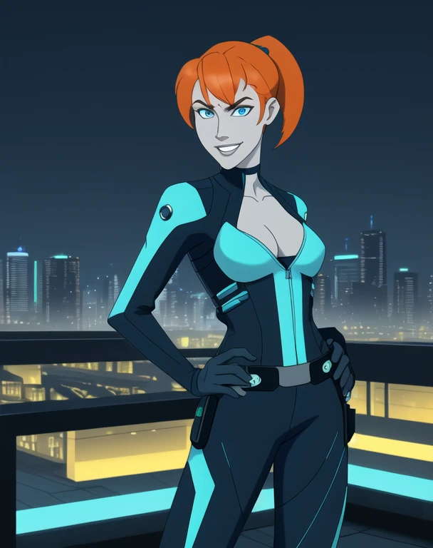 half body portrait, generic 32 year old Cyberpunk Agent, pretty and brave, medium breasts, pale skin, thin and athletic, (Wearing a blue futuristic jumpsuit, utility belt and gun holsters), doing a heroic pose with hands on hips, grin with teeth, cleavage exposed, perfect eyes, perfect irises, standing on a rooftop with a night sky, The skyline of a cyberpunk city is seen in the background, (1girl with short orange hair, pony tail style and bright blue irises), 4k textures, raw photo, epic artistic, photoreal art, sharp focus, even lighting, insane details, intricate details, hyperdetailed, rich colors, staring at viewer, looking into camera, windswept hair blowing in the wind