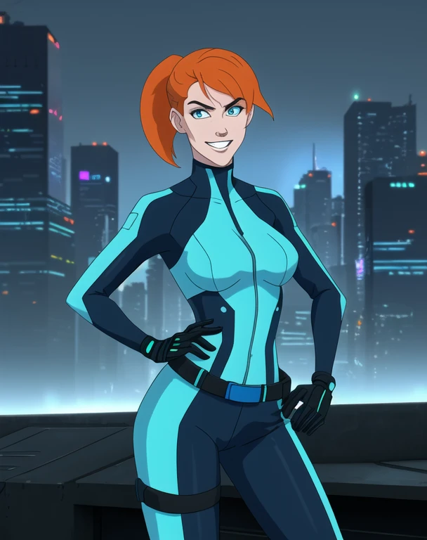 half body portrait, generic 32 year old Cyberpunk Agent, pretty and brave, medium breasts, pale skin, thin and athletic, (Wearing a blue futuristic jumpsuit, utility belt and gun holsters), doing a heroic pose with hands on hips, grin with teeth, cleavage exposed, perfect eyes, perfect irises, standing on a rooftop with a night sky, The skyline of a cyberpunk city is seen in the background, (1girl with short orange hair, pony tail style and bright blue irises), 4k textures, raw photo, epic artistic, photoreal art, sharp focus, even lighting, insane details, intricate details, hyperdetailed, rich colors, staring at viewer, looking into camera, windswept hair blowing in the wind