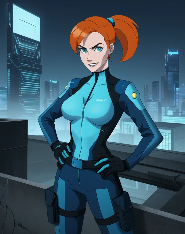 half body portrait, generic 32 year old Cyberpunk Agent, pretty and brave, medium breasts, pale skin, thin and athletic, (Wearing a blue futuristic jumpsuit, utility belt and gun holsters), doing a heroic pose with hands on hips, grin with teeth, cleavage exposed, perfect eyes, perfect irises, standing on a rooftop with a night sky, The skyline of a cyberpunk city is seen in the background, (1girl with short orange hair, pony tail style and bright blue irises), 4k textures, raw photo, epic artistic, photoreal art, sharp focus, even lighting, insane details, intricate details, hyperdetailed, rich colors, staring at viewer, looking into camera, windswept hair blowing in the wind
