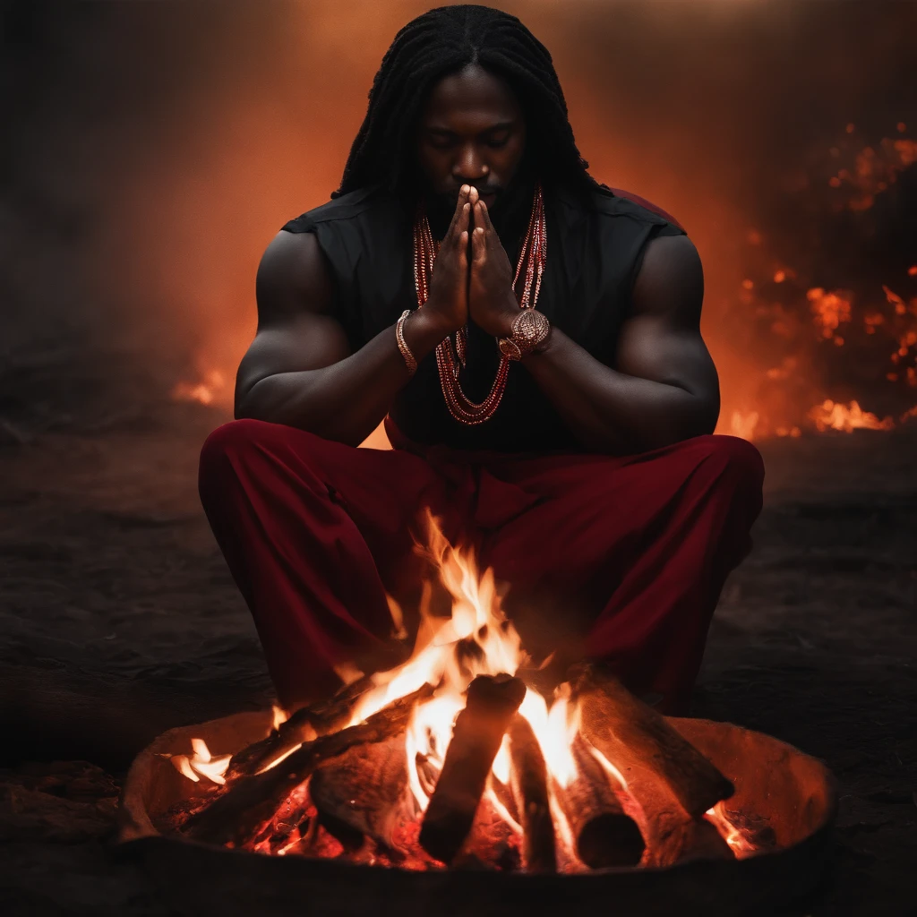 Mitologia Africana. Relista. Homem negro bonito, ajoelhado de frente para a foto, In prayer, Hands together, sem camisa, Red pants, colar fino de contas vermelhas. Dark scenery with a big bonfire behind