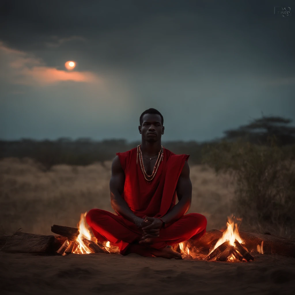 Mitologia Africana. Relista. Homem negro bonito, ajoelhado de frente para a foto, In prayer, Hands together, sem camisa, Red pants, colar fino de contas vermelhas. Dark scenery with a big bonfire behind