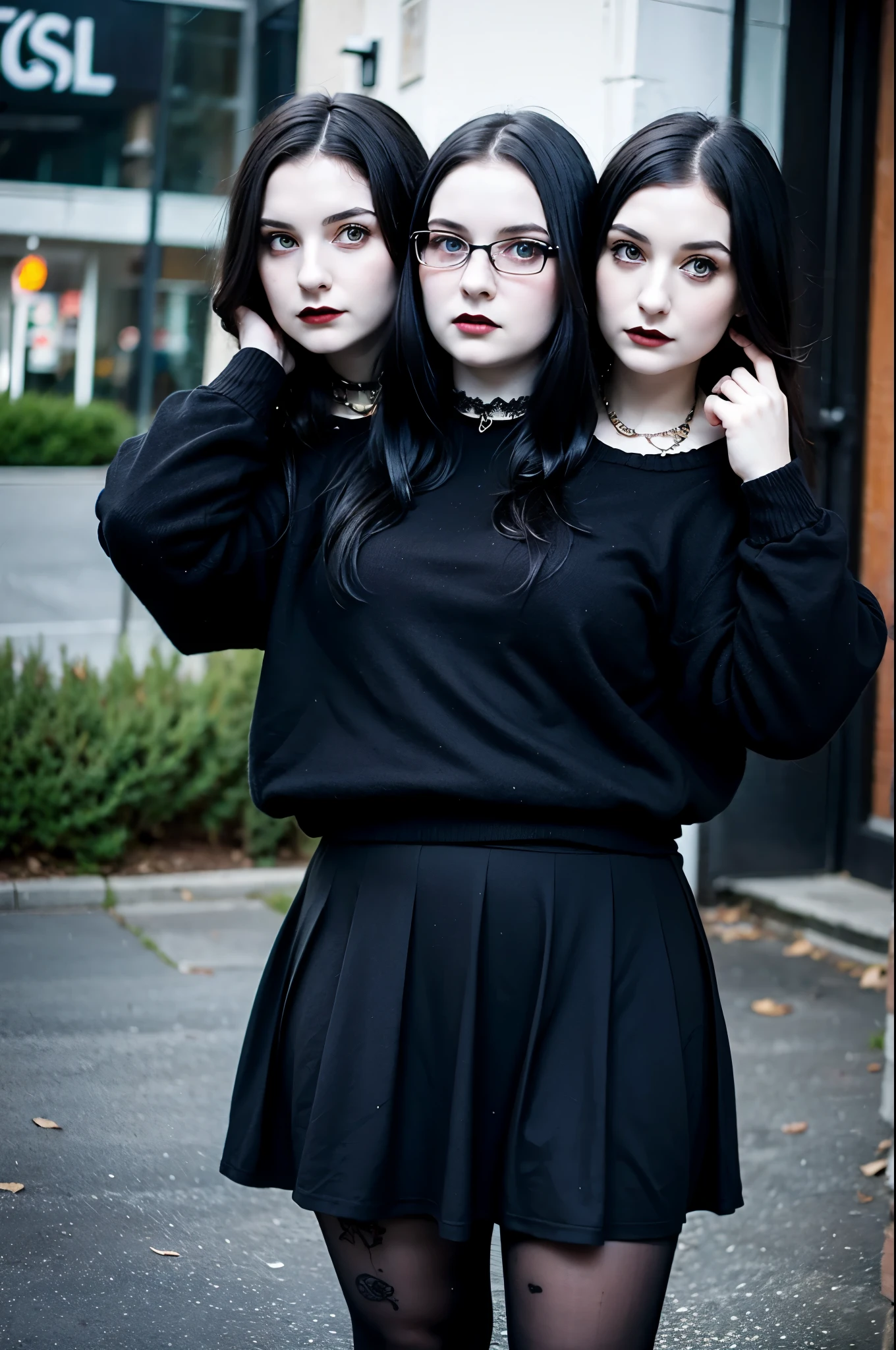 2heads, three headed goth girl, age 19, slightly chubby, black sweater, black skirt, pale skin,