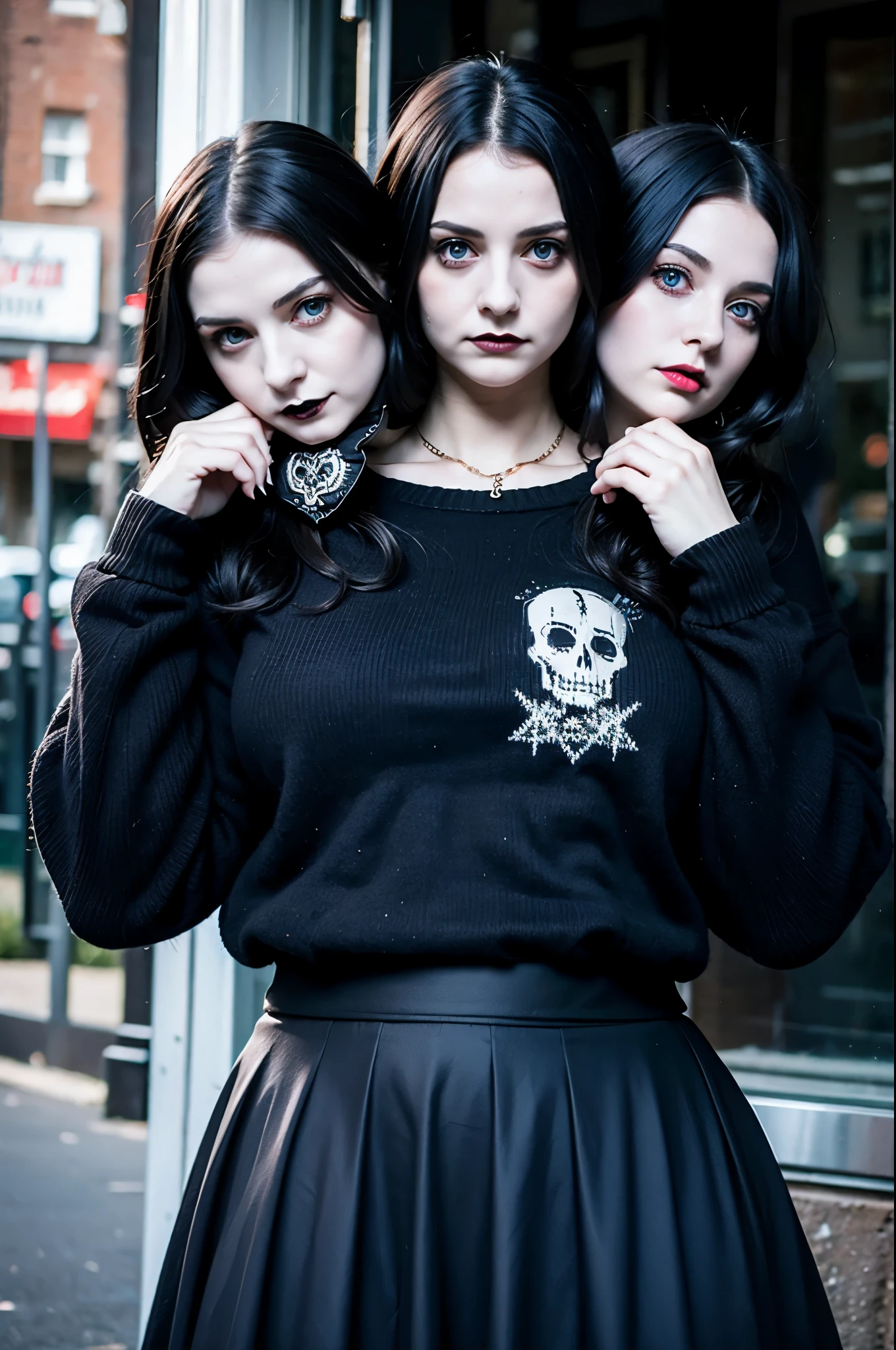 2heads, three headed goth girl, age 19, slightly chubby, black sweater, black skirt, pale skin,