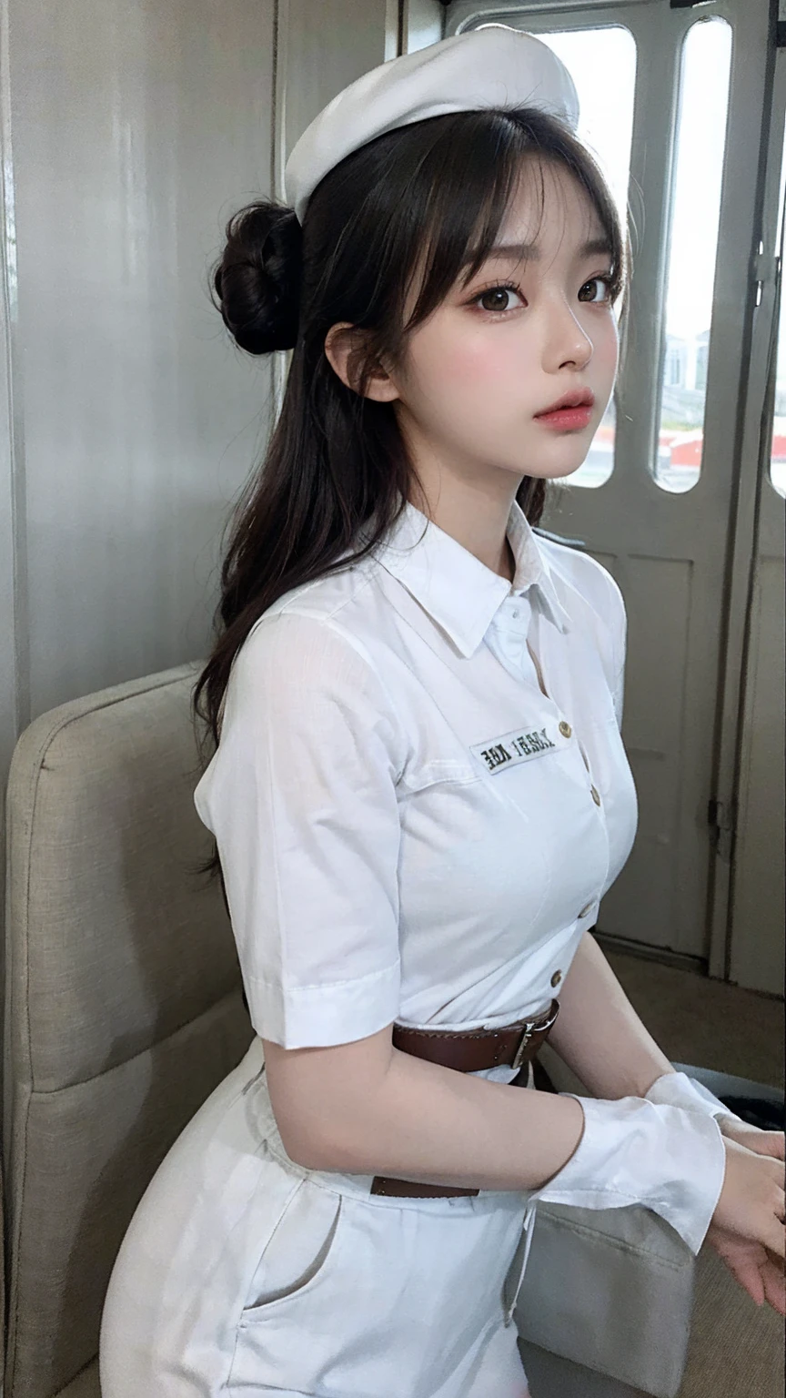 Top Quality, Masterpiece, 8K, Ultra High Definition, (Photorealistic: 1.4), 1 Girl, Beautiful Face, Symmetrical Eyes, Big adorable eyes, Perfect Body Proportions, Stewardess Uniform, Viewer's Look, stand up, side View, Shoulder Jump, Absolute Area (1.3), Extremely high resolution, silky smooth skin, depth of field, detailed face and eyes, white color uniform, big black detailed belt, tight skirt, hat like a flight attendant wearing, bun hair