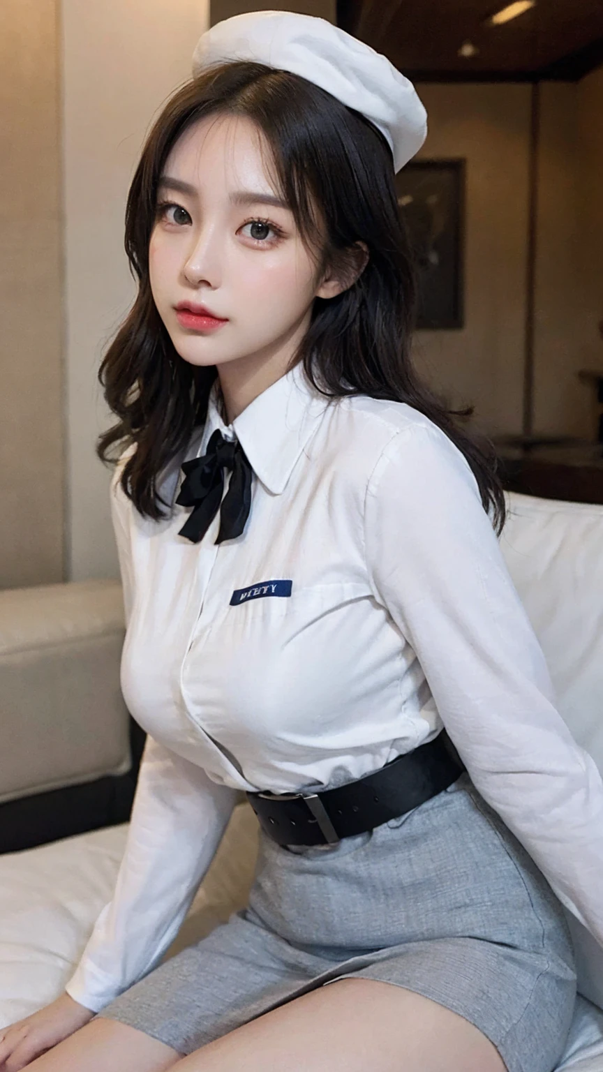 Top Quality, Masterpiece, 8K, Ultra High Definition, (Photorealistic: 1.4), 1 Girl, Beautiful Face, Symmetrical Eyes, Big adorable eyes, Perfect Body Proportions, Stewardess Uniform, Viewer's Look, stand up, side View, Shoulder Jump, Absolute Area (1.3), Extremely high resolution, silky smooth skin, depth of field, detailed face and eyes, white color uniform, big black detailed belt, tight skirt, hat like a flight attendant wearing, bun hair