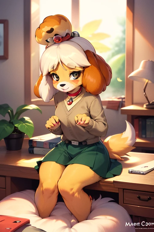 character: Isabel, Animal Crossing, (inside), (perfect hands), ((masterpiece)), (((hazel eyes))), full body, (perfect face, detailed face, detailed eyes, perfect hands, Perfect fingers), ((high quality)), looking at viewer, (detailed face and eyes), alone, loraisabelle, green skirt, brown sweater, white necklace, bright lips, happy smile, autumn, glasses, ((inside)) , ((Corner Office)), red ribbon, furry, cute furry, small pink nose, blush, , pretty eyelashes, kawaii, kemono, fluffy, hands down, 1 girl, dog girl, smile, dog ears Blonde hair bun indoors hairy hairy female plant behind desk