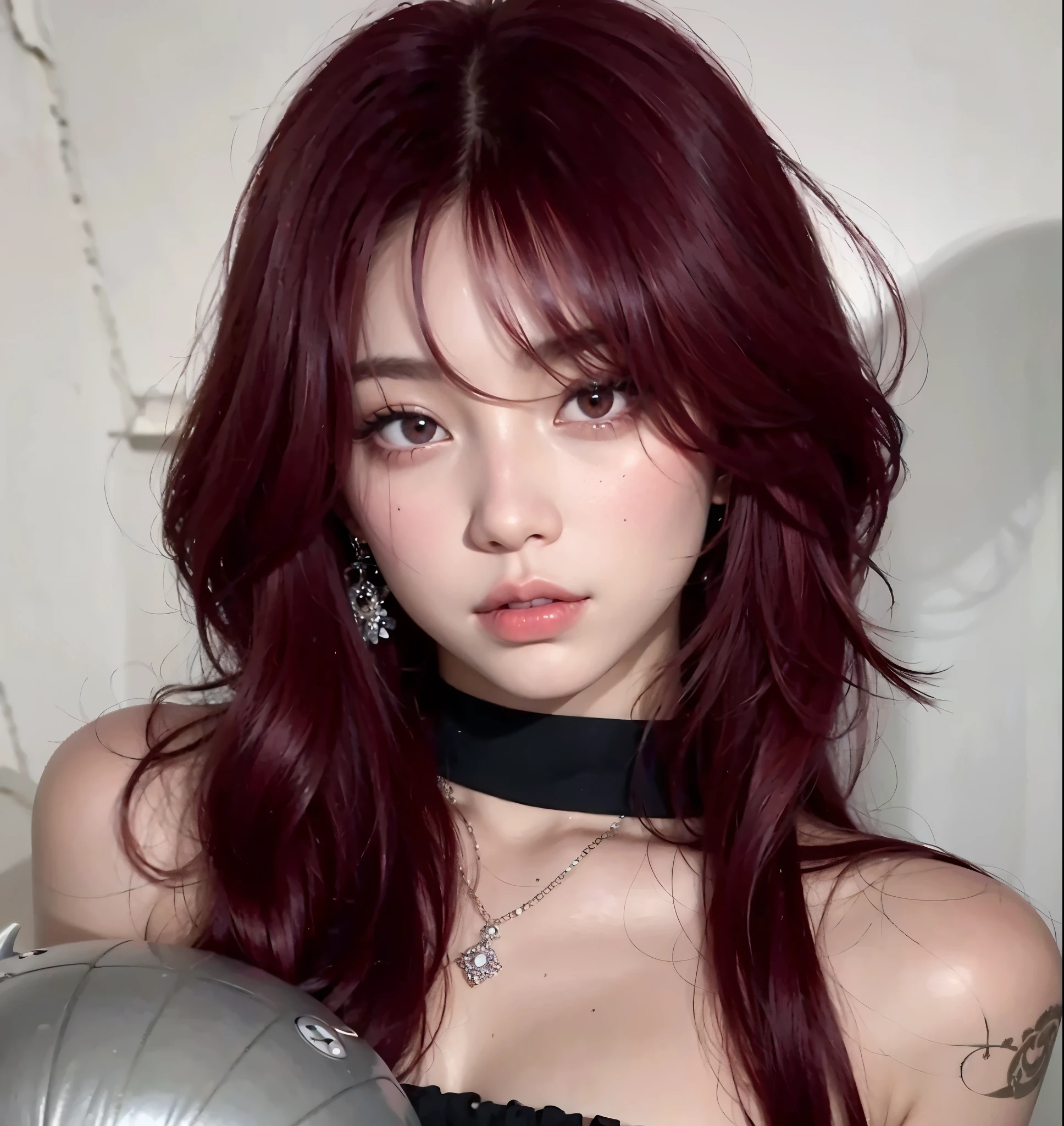 Un primer plano de una mujer con el pelo rojo y un estrangulamiento, rojo oscuro color, long red brown hair, red crimson crimson hair, rojo oscuro hair, reddish brown, rojo granate, crimson hair, red crimson hair, with rojo oscurodish hair, peluca roja, long rojo oscuro hair, color de pelo, pelo largo con flequillo, rojo oscuro, color de peloing