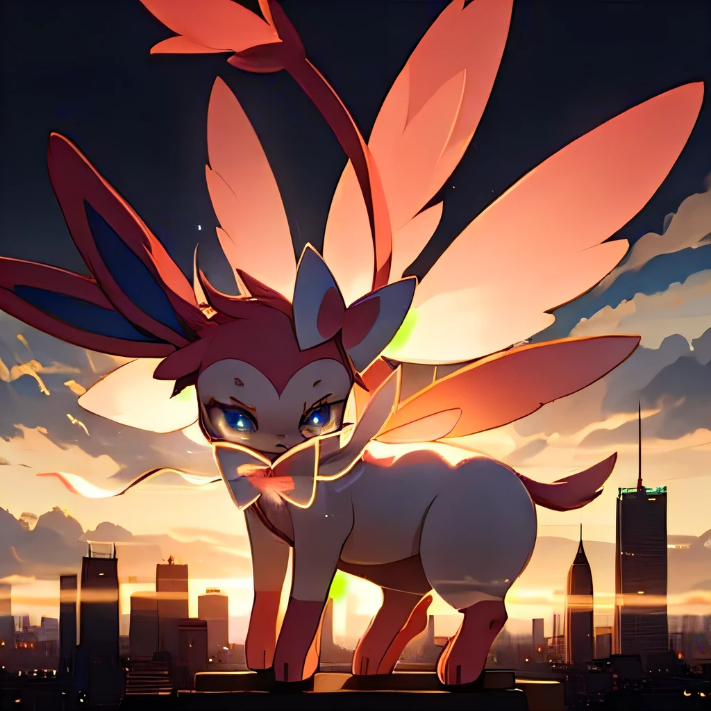 The huge Sylveon shows the fairy temperament，City skyline in the background，Showing the unique charm of strength and kindness，Cute with mysterious power，The tall buildings reflect its huge figure，Warm light and shadow exude a peaceful atmosphere，surreal style，soft light and shadow