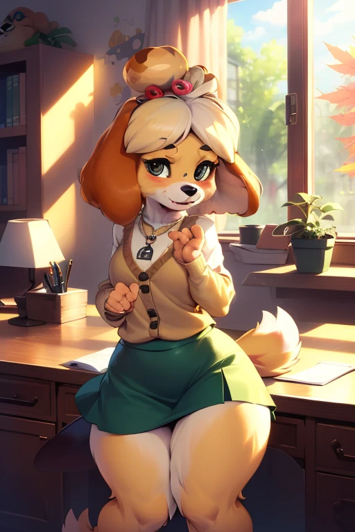 character: Isabel, Animal Crossing, (inside), (perfect hands), ((masterpiece)), (((hazel eyes))), full body, (perfect face, detailed face, detailed eyes, perfect hands, Perfect fingers), ((high quality)), looking at viewer, (detailed face and eyes), alone, loraisabelle, green skirt, brown sweater, white necklace, bright lips, happy smile, autumn, glasses, ((inside)) , ((Corner Office)), red ribbon, furry, cute furry, small pink nose, blush, , pretty eyelashes, kawaii, kemono, fluffy, hands down, 1 girl, dog girl, smile, dog ears Blonde hair bun indoors hairy hairy female plant behind desk