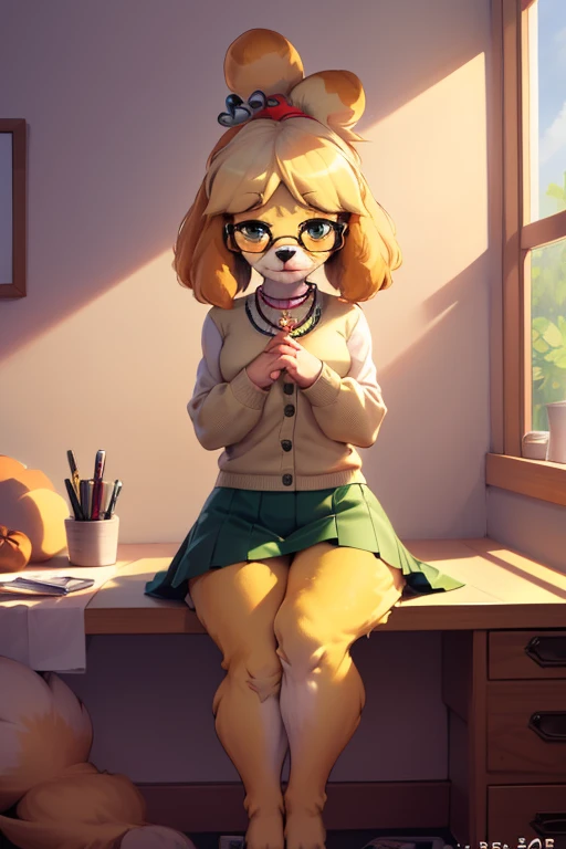 character: Isabel, Animal Crossing, (inside), (perfect hands), ((masterpiece)), (((hazel eyes))), full body, (perfect face, detailed face, detailed eyes, perfect hands, Perfect fingers), ((high quality)), looking at viewer, (detailed face and eyes), alone, loraisabelle, green skirt, brown sweater, white necklace, bright lips, happy smile, autumn, glasses, ((inside)) , ((Corner Office)), red ribbon, furry, cute furry, small pink nose, blush, , pretty eyelashes, kawaii, kemono, fluffy, hands down, 1 girl, dog girl, smile, dog ears Blonde hair bun indoors hairy hairy female plant behind desk