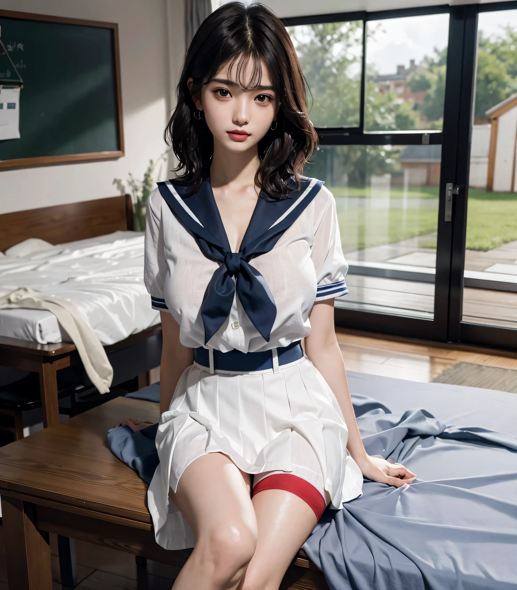 absurdres, RAW photo, extremely delicate and beautiful, masterpiece, Best Quality, ultra high resolution, 32k, hyperrealistic, ultra-detailed, perfect anatomy, perfect figure, super Detailed skin, Very detailed CG 8k wallpaper, in her 10s, very Slim body, narrow waist, very small head, very small face, delicate facial features, tearful mole, earring, thin legs, (very huge round breasts:1.2), full body shot, (solo:1.2), short hair, (wavy hair:1.2), wet clothes, (school_uniform:1.1), (sailor uniform:1.1),