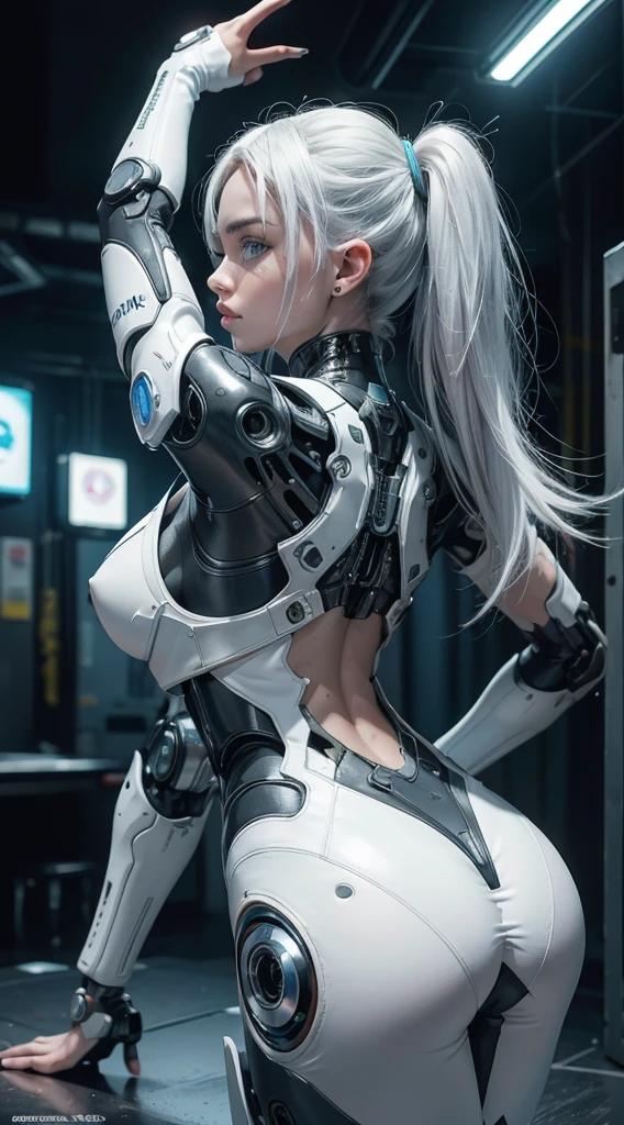 NSFW, 1girl, , cuerpo completo, cyberpunk, mecha, mechanics, (Obra maestra: 1.4), (8k, realista, Foto RAW, La mejor calidad: 1.4), Transparent nipple areola shape, Hermosos pechos, Chica japonesa, Hermosa cara linda, (Cara real: 1.4), Perfecto , hermoso peinado, Ojos azules realistas, Hermosos ojos de detalle, (piel real: 1.3), Piel hermosa, atractivo, cara enojada, ultrahigh resolution, ultra realista, cinematic lighting, hair dyed white, Cabello largo, Cintas, Ruinas de la ciudad, Mundo futurista,traje retrofuturista,cyborg,white hair,una parte de la cara es robot,retrofuturistic colors, neon lights ,yoga pose,back view