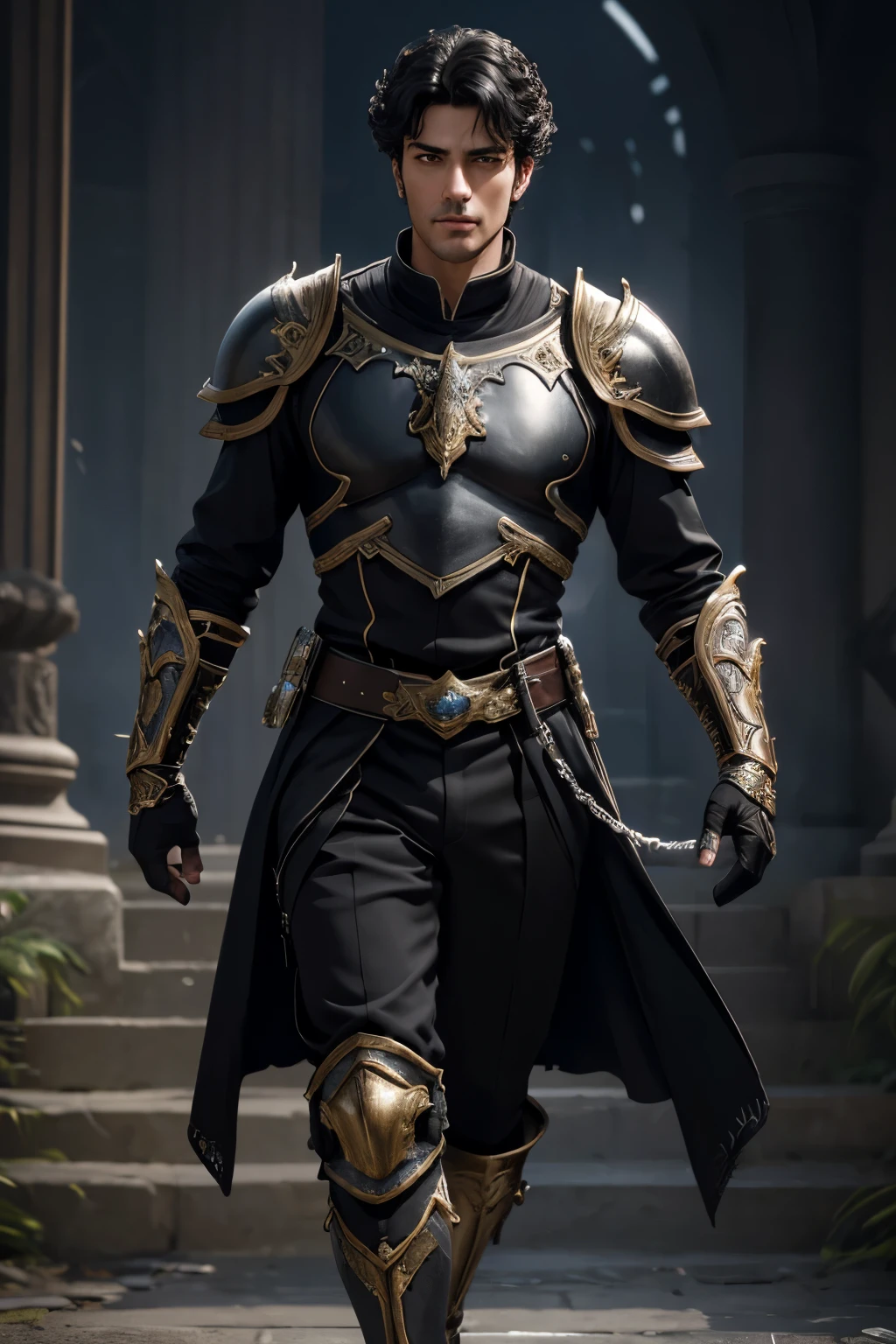 8K,Photoreal,Raw photo(highest quality;1.4) ,(1 adult male),super handsome(lifelike face),short curly  black hair perm,handsome prince with black eyes, black sweet skin black and silver aristocratic look,Black and gold trousers,glare,Equipped with a long and large sword on the waist,Wearing black leather gloves,Remains,Gweitz style,realistic,exact details,unreal engine,beautiful expression,Details of each part,Super high resolution.Super realistic,attractive,foot armor,skin that looks real,Fantasy Emperor.ultra high resolution,Super realistic,fantasy art,character art,