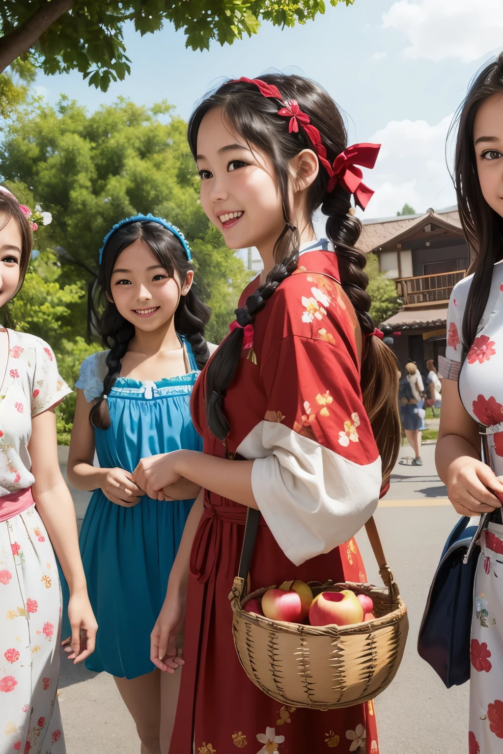 Girl dressed to go on an adventureskin texture、((three beautiful teenage women:1.5))、cute hairstyle、huge breasts、smile、Fresh one-piece style、Choose a cute yukata with a floral pattern or pastel colors.、Please wear flat sandals on your feet..、Add accents with a basket bag or headband、By incorporating bright colors and patterns、、Creates a gorgeous and cute impression、((night、深night))、(braided ponytail、cute hair cot&#39;I enjoy participating in local summer festivals in the summer..、、Dressed as Little Red Riding Hood、bustup、Walking while humming、Looks like a lot of fun、There is a basket with apple pie、Take low-angle shots, Girls dressed to go on an adventur