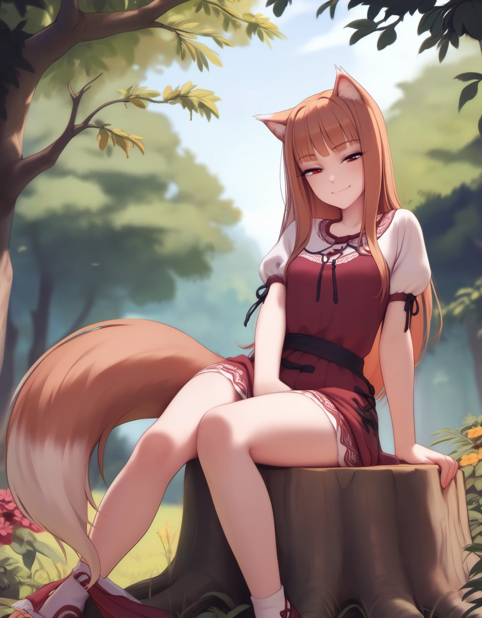 1girl, holo, animal ears, brown hair, long hair, red eyes, wolf ears, wolf girl, small breasts, wolf tail, spice and wolf, BREAK sitting, looking at viewer, (half-closed eyes), seductive smile, BREAK day, bare tree, outdoors, tree, tree stump, BREAK score_9, score_8_up, score_7_up, score_6_up, 