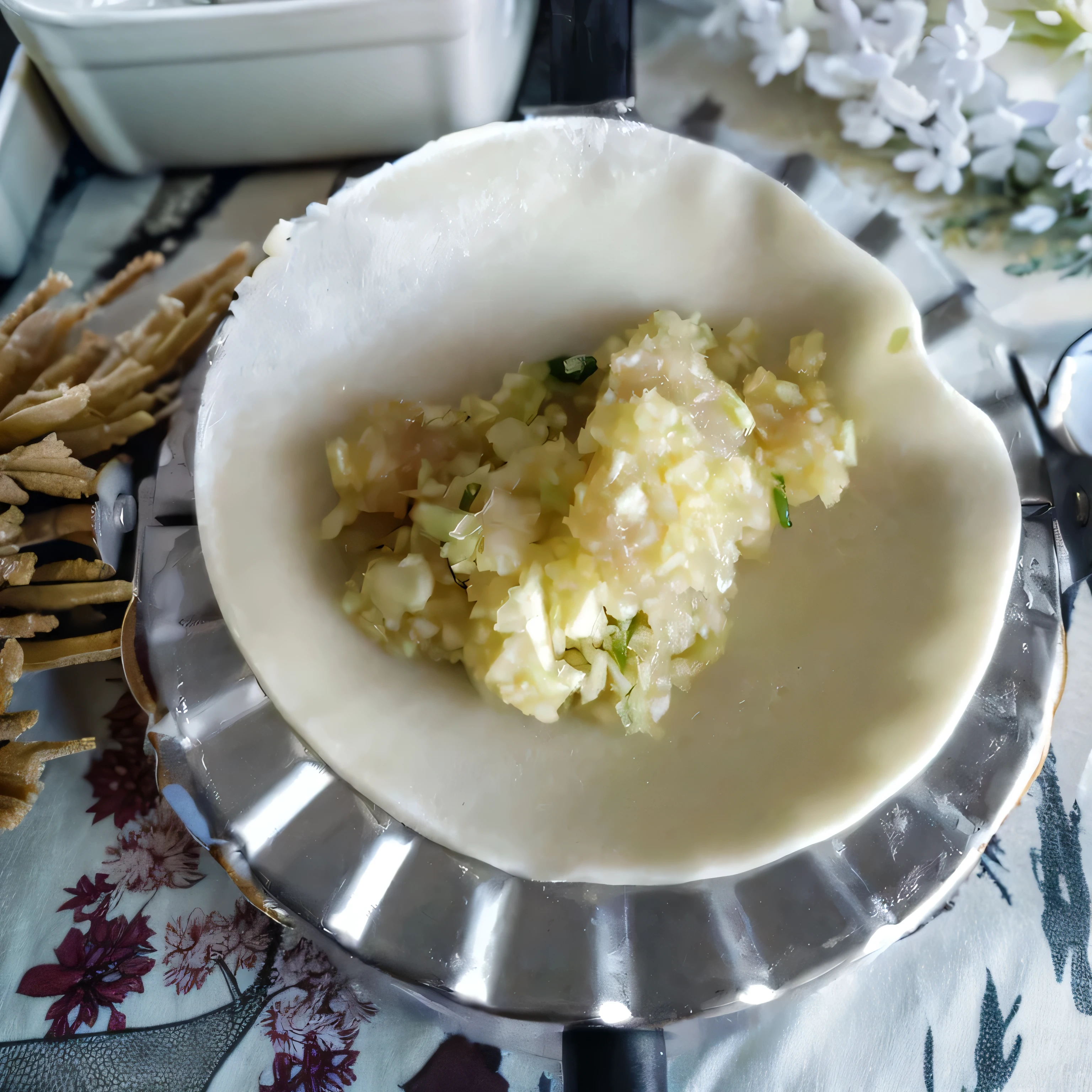 there is a bowl of food on a plate on a table, humus, mash potatoes, recipe, stuffed, dumplings on a plate, with a soft, mashed potatoes, dish, in style of thawan duchanee, shkkeled in the voied, battered, oregon, inspired by Géza Dósa, wax, gooey