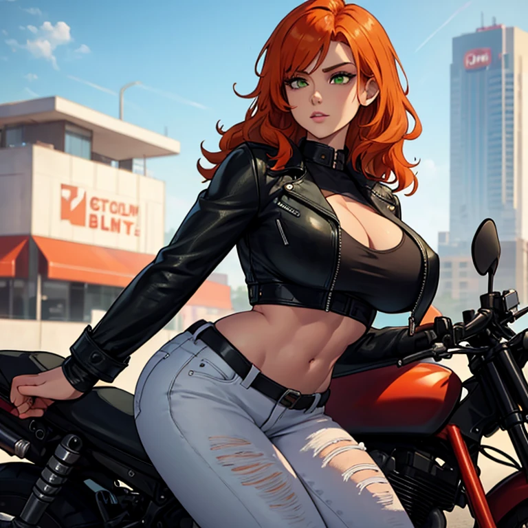 1 anime woman, solo, anatomically correct, red hair, straight hair, long hair, beautiful green eyes, lustful expression, seductive expression, blushing, smiling, high detailed face illustration, huge boobs, immense boobs, enormous boobs, immensely large boobs, huge naked boobs, small waist, wide hips, juicy thighs, unbuttoned leather jacket, naked boobs, visible naked boobs, exposed naked boobs, naked boobs, visible naked boobs, exposed naked boobs, black jeans, high heel boots, sitting on a motorcycle, super sports bike, super sports motorcycle, black motorcycle, honda cbr600, lower angle, 8k, best quality, night time