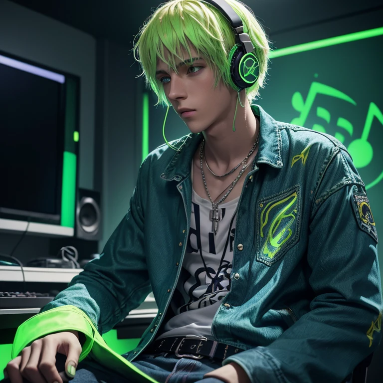 20-year-old boy with a phosphorescent green jacket with a print of music lyrics, blue jeans with yellow headphones on his neck, a green phosphorescent belt, platinum blonde hair, a chain necklace, a blue shirt with a music print in the background of a gamer room, looking straight at the viewer