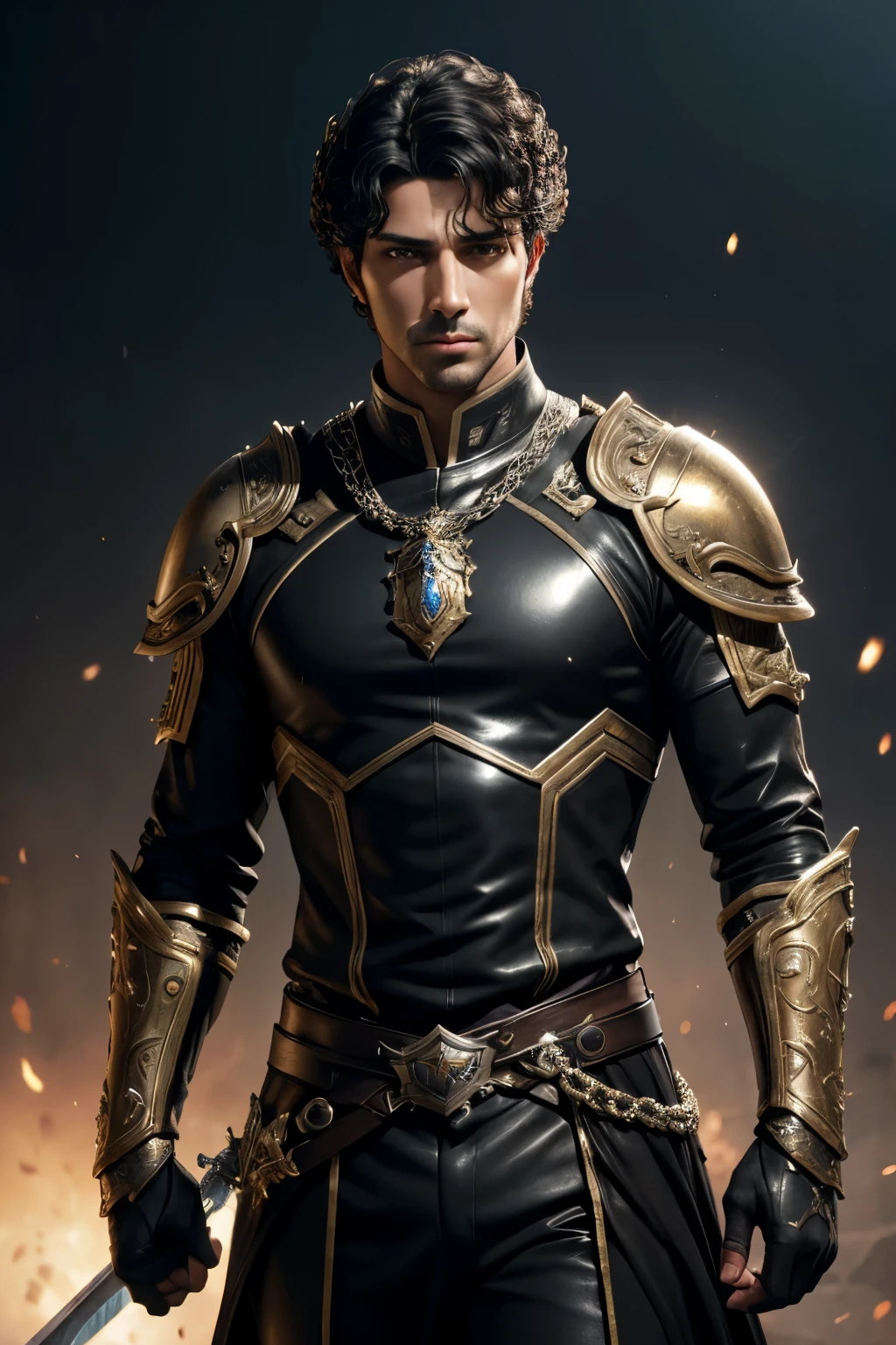 8K,Photoreal,Raw photo(highest quality;1.4) ,(1 adult male),super handsome(lifelike face),short very curly negro hair ,handsome prince with black eyes, black sweet skin, black and silver aristocratic look,Black and gold trousers,glare,Equipped with a long and large sword on the waist,Wearing black leather gloves,Remains,Gweitz style,realistic,exact details,unreal engine,beautiful expression,Details of each part,Super high resolution.Super realistic,attractive,foot armor,skin that looks real,Fantasy Emperor.ultra high resolution,Super realistic,fantasy art,character art,