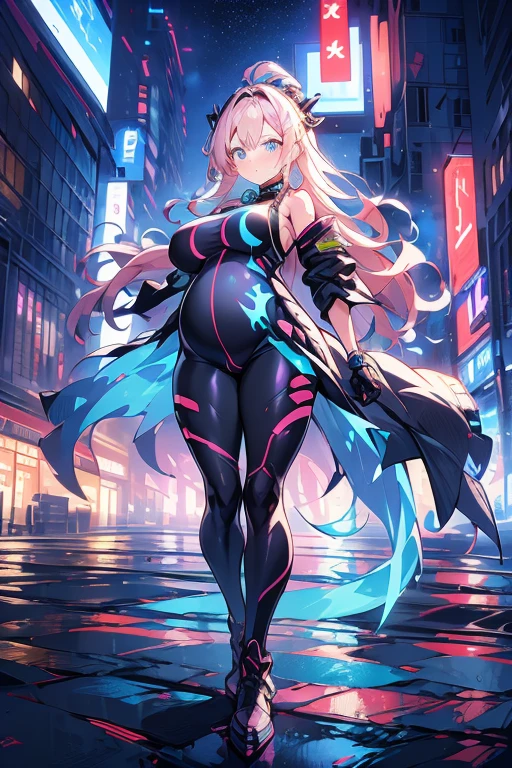 Amidst the neon-lit streets of a futuristic city at night, stands a pregnant girl with a massive, swollen belly, a striking figure amidst the glowing skyscrapers and bustling crowds. She is dressed in a sleek, form-fitting jumpsuit, the color of midnight sky, its fabric woven with shimmering threads that catch the light of the cityscape, creating an illusion of stars dancing across the night sky.

The jumpsuit is adorned with intricate patterns of circuitry, glowing softly with neon accents that pulse with the rhythm of the city. Embedded within the fabric are pockets of smart technology, allowing her to stay connected and navigate the urban landscape with ease.

Over the jumpsuit, she wears a long, flowing coat crafted from a high-tech material that shifts colors with her movements, reflecting the vibrant hues of the city lights. Its billowing silhouette adds a touch of drama to her ensemble, trailing behind her like a cloak of cosmic dust.

Her hair, a cascade of sleek platinum blonde waves, falls gracefully around her shoulders, framing her face like a halo against the backdrop of the dazzling city lights. Her eyes, a mesmerizing shade of electric blue, mirror the neon glow of the metropolis, sparkling with a sense of determination and resolve.

Despite the chaos and clamor of the futuristic city around her, the pregnant girl exudes an air of quiet confidence and serenity. With one hand resting protectively on her swollen belly, she navigates the crowded streets with poise and grace, a beacon of strength amidst the relentless march of progress.