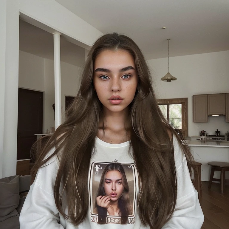 instagram photo of one beautifull russian girl, very pretty, 20 years old, tanned, long hair, brown hair, brown eyes, sharp eyebrows, big lips, realistic, large ches,s, hot clothes female , beautifull home