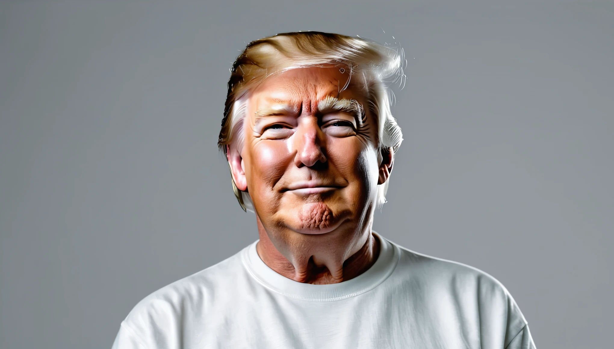 photo of an adult TRUMP (65 years old) centered in the image. Character centered in the middle of the image, with equal distance to the sides of the image. Center the character obeying the rule of thirds. You cannot cut the top of the head. Tip of the nose centered in the image. Expressing HAPPY. White T-shirt Pastel GRAY background. Dramatic lighting and color grade. Skin with pores and detailed texture Realistic and detailed image. Sharped. Realistic Image