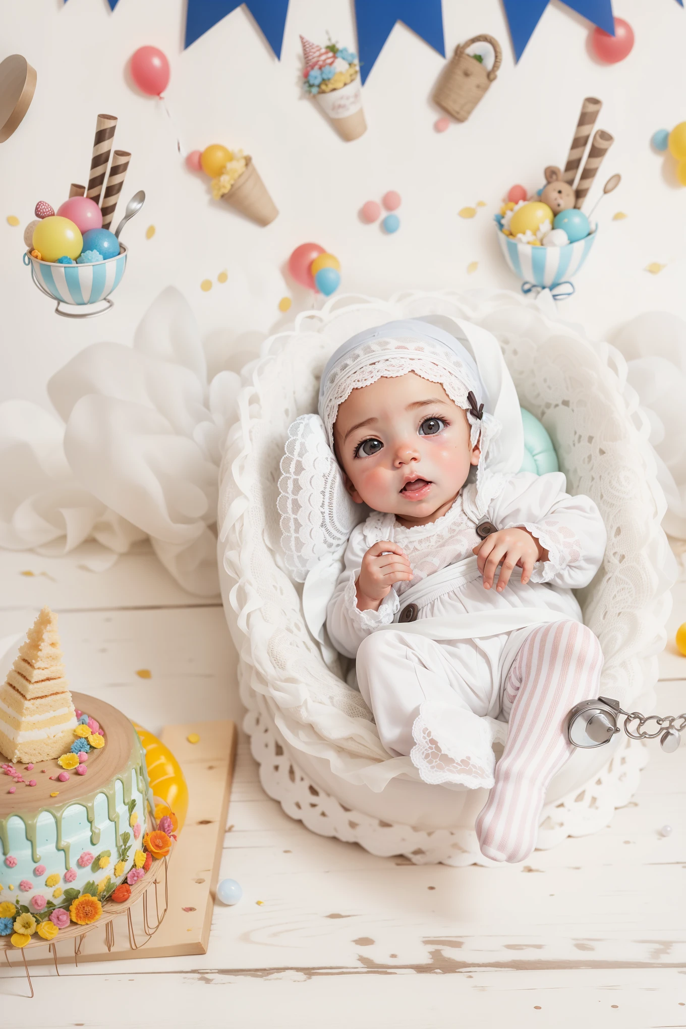 there is a  in a basket with a cake and balloons, 1614572159, cute boy, 1840572578, postprocessed), 1840580735, 2506921471, trending ，,  colour splash , edited, photography shot