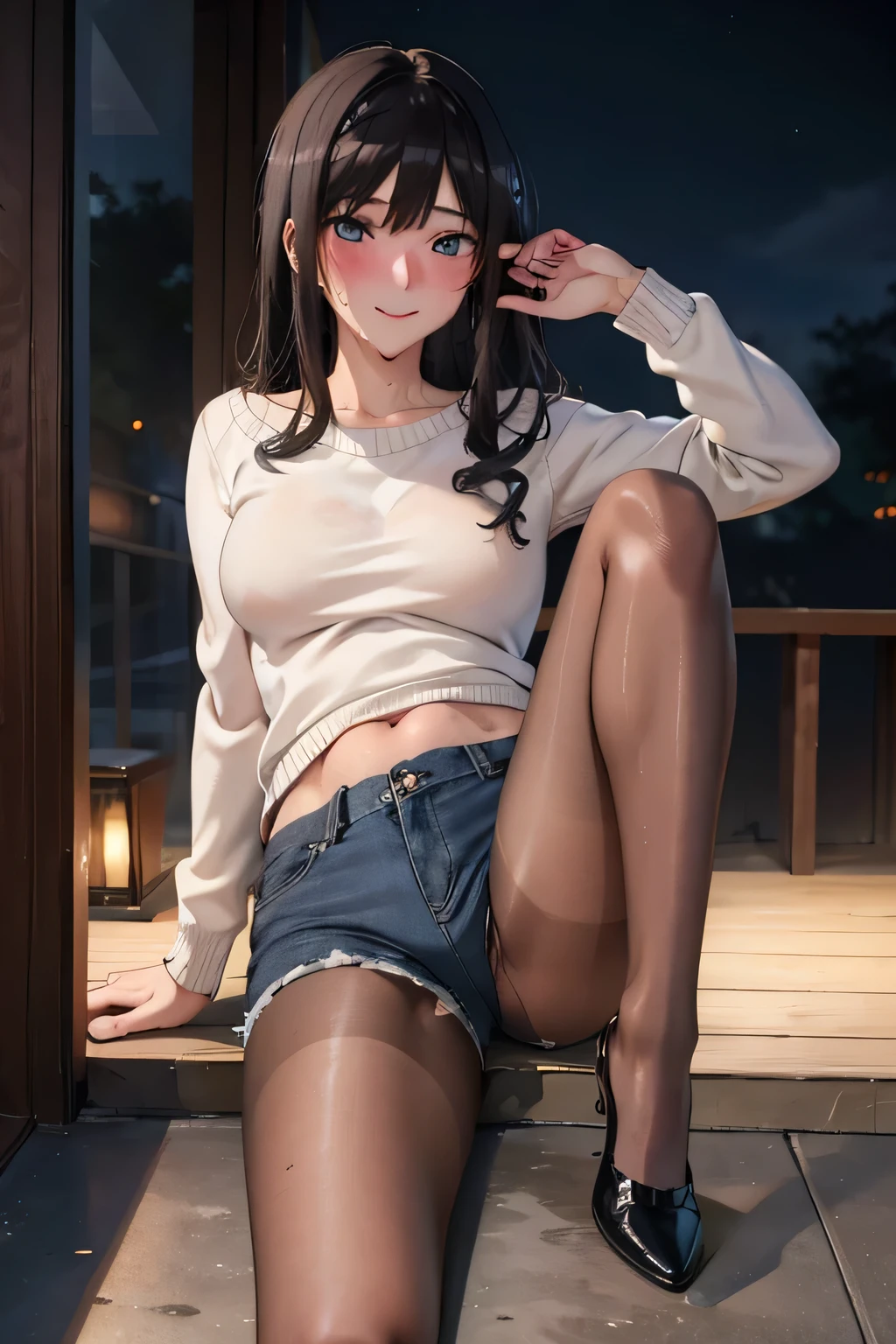 seductive anime girl, 4K digital art,super realistic picture, excessive art, 8K high quality detailed art,Detailed pantyhose,sweaty,blush,both girls and men, 18-year-old,highly detailed legs,raped by a man,Creampie,insert penis,Bukkake all over the body,wearing pantyhose,white sweater,denim shorts,(Erotic Pose 1:1.2),(pubic hair 1:1.1),smile,night park