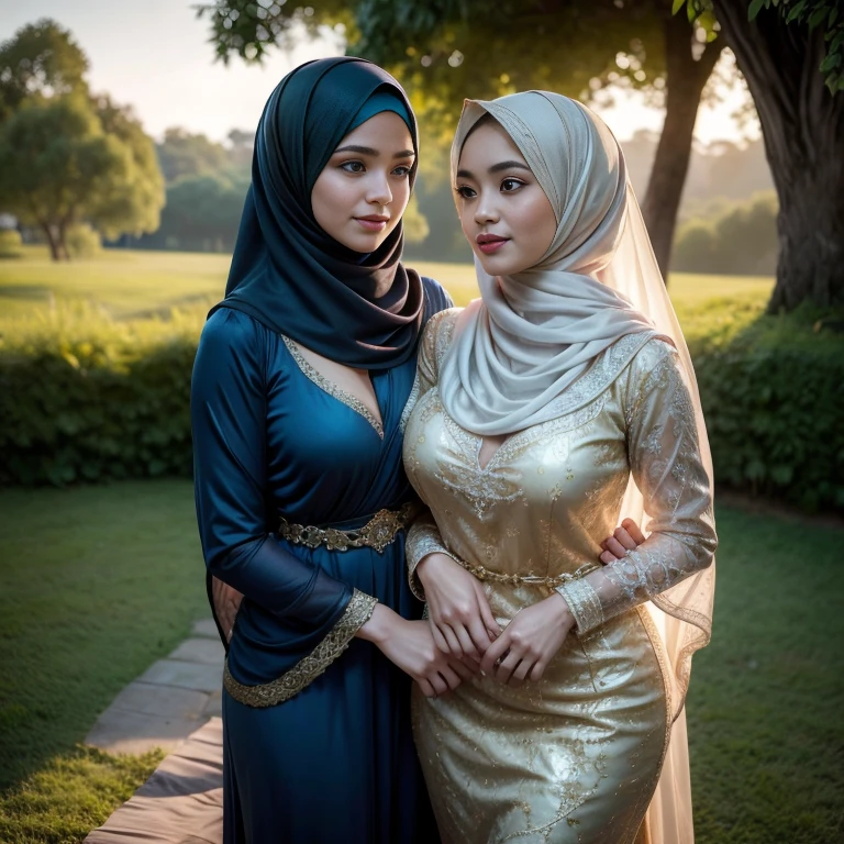 half body, beautiful muslimah girls, wearing traditional transparent silk kebaya, a couple, ultra-detailed, detailed faces, detailed skins, 8k masterpieces, cinematic lighting, perfect round bosom, voluptuous bosom, slim and slender body, long hijab, eid mubarak, in malay village, in the meadow, seducing the viewer, seductive face, flirting, revealing, intimacy, looking at each other, hands squeezing the bosom