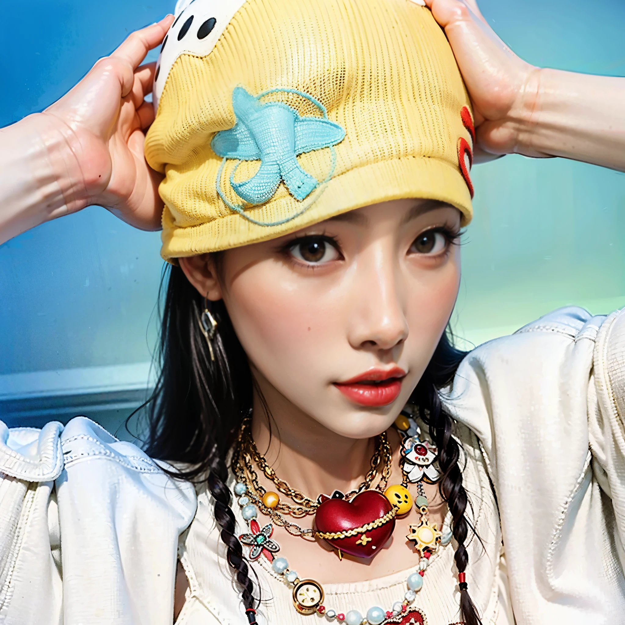 chica araffe con un sombrero amarillo y un collar y un collar, usando una gargantilla y un lindo sombrero, Lulu Chen, ulzzang, sha xi, and - girl, e-chica, sun yunjoo, kim doyoung, gemma chen, el corte de hime, chen xintong, y 2 k, y2k, Jaeyeon Nam, Chung Ha