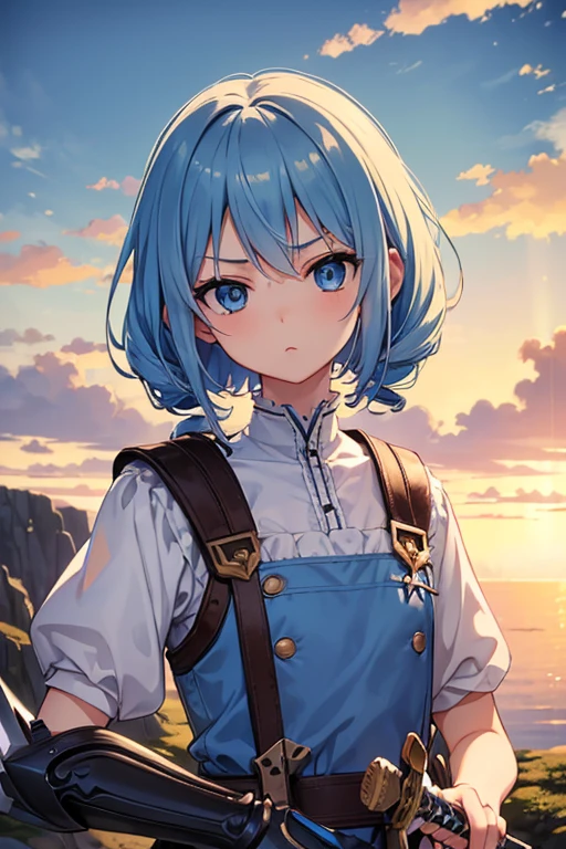 最high quality,very detailed,high quality,very detailed,masterpiece,super fine,ultra high resolution,超high quality,super delicate face,surreal,(1 person:1.2)、woman、(:1.5)、sky blue hair color、(Cute sky blue eyes)、(short:1.3)、flat chest 、 body shape、(twin drill hair:1.2)、serious face、Anime character with sword and armor、(holding a sword:1.2)、adventurer Overall image、(wilderness:1.2)