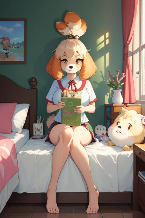 (Isabel \(Animal Crossing\):1.05), (masterpiece, Best quality:1.2), 1 girl, alone, big breasts, coral eyes, looking down, Session, legs crossed, day, vibrant, colorful, indoors, bed, nightstand, medium hair, lob cut, full lips, round cheeks, narrow jaw, Compliment, even attracts, maebari