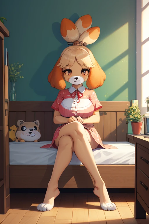 (Isabel \(Animal Crossing\):1.05), (masterpiece, Best quality:1.2), 1 girl, alone, big breasts, coral eyes, looking down, Session, legs crossed, day, vibrant, colorful, indoors, bed, nightstand, medium hair, lob cut, full lips, round cheeks, narrow jaw, Compliment, even attracts, maebari