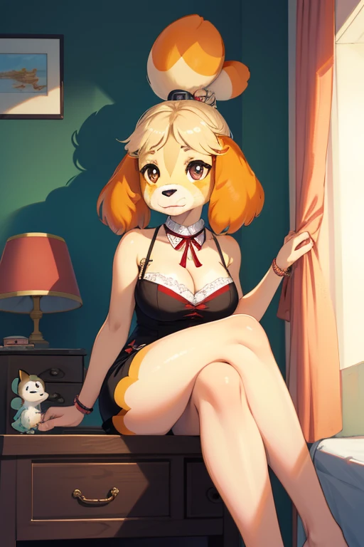 (Isabel \(Animal Crossing\):1.05), (masterpiece, Best quality:1.2), 1 girl, alone, big breasts, coral eyes, looking down, Session, legs crossed, day, vibrant, colorful, indoors, bed, nightstand, medium hair, lob cut, full lips, round cheeks, narrow jaw, Compliment, even attracts, maebari