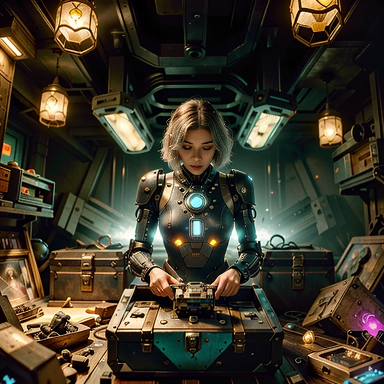 (best quality,4k,8k,highres,masterpiece:1.37), ultra-detailed, (realistic,photorealistic,photo-realistic:1.37), (aerial view), (top down perspective), 1woman, (the focal point is a woman pulling a video game cartridge out of a futuristic artifact chest full of retro video game cartridges:1.6), (the woman is looking at the box:1.4), (Futuristic artifact box), (the artifact box is open), (The scene unfolds inside a mystical cavern:1.4), joints, mecha, (The woman is wearing an exoskeleton made with glass details, covering her entire body:1.5), (dynamic angle:1.37), reelmech, mechanical parts, (The woman's hair is made of fractal technologic components:1.5), (She has short platinum hair:1.37), pixel art, (fantasy and sci-fi mixed:1.5), holographic glitch effects floats around the woman, vibrant colors, (A blue glow emanates from inside the treasure chest), glowing lights, (abandoned machinery), (there are old video game cartridges and consoles on the background), mystical creatures, pixelated details, (there are crystal formations spreading on the background), (futuristic technology), (ancient artifacts), mystical energy, vibrant retro aesthetic, atmospheric lighting, ancient ruins, mysterious symbols, shimmering water, lush vegetation, interdimensional portals, nostalgic atmosphere, immersive storytelling, epic adventure, delightful surprises