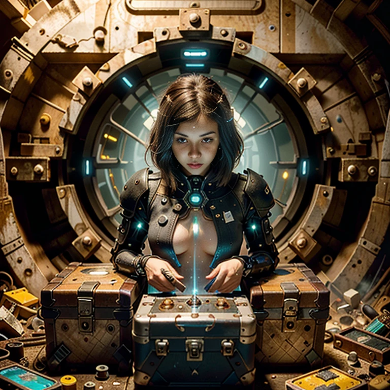 (best quality,4k,8k,highres,masterpiece:1.37), ultra-detailed, (realistic,photorealistic,photo-realistic:1.37), (aerial view), (top down perspective), 1woman, (the focal point is a woman pulling a video game cartridge out of a futuristic artifact chest full of retro video game cartridges:1.6), (the woman is looking at the box:1.4), (Futuristic artifact box), (the artifact box is open), (The scene unfolds inside a mystical cavern:1.4), joints, mecha, (The woman is wearing an exoskeleton made with glass details, covering her entire body:1.5), (dynamic angle:1.37), reelmech, mechanical parts, (The woman's hair is made of fractal technologic components:1.5), (She has short platinum hair:1.37), pixel art, (fantasy and sci-fi mixed:1.5), holographic glitch effects floats around the woman, vibrant colors, (A blue glow emanates from inside the treasure chest), glowing lights, (abandoned machinery), (there are old video game cartridges and consoles on the background), mystical creatures, pixelated details, (there are crystal formations spreading on the background), (futuristic technology), (ancient artifacts), mystical energy, vibrant retro aesthetic, atmospheric lighting, ancient ruins, mysterious symbols, shimmering water, lush vegetation, interdimensional portals, nostalgic atmosphere, immersive storytelling, epic adventure, delightful surprises