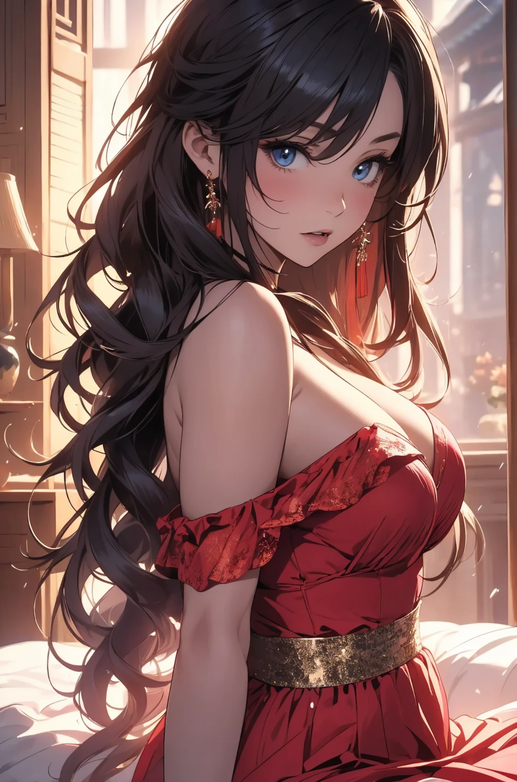 masterpiece,8k,high quality,full body:1.7,clean blue eyes,open red mouth,red tiek,Very calm and gentle expression,open mouth,biggest large brest,tight west,very sparking clothes,a woman in a pink sparking dress sitting on a bed,Sheer off-the-shoulder peach lace princess tulle dress,an anime drawing, by Yang J, fantasy art,red bra, render of a cute 3d anime chinese girl, artgerm and william bouguereau,long wavy shyny black pink hair,nightcore, beautiful detailed body and face, beautiful avatar pictures, high quality detailed anime,chinese cute girl,wide angle landscape view:1.4,