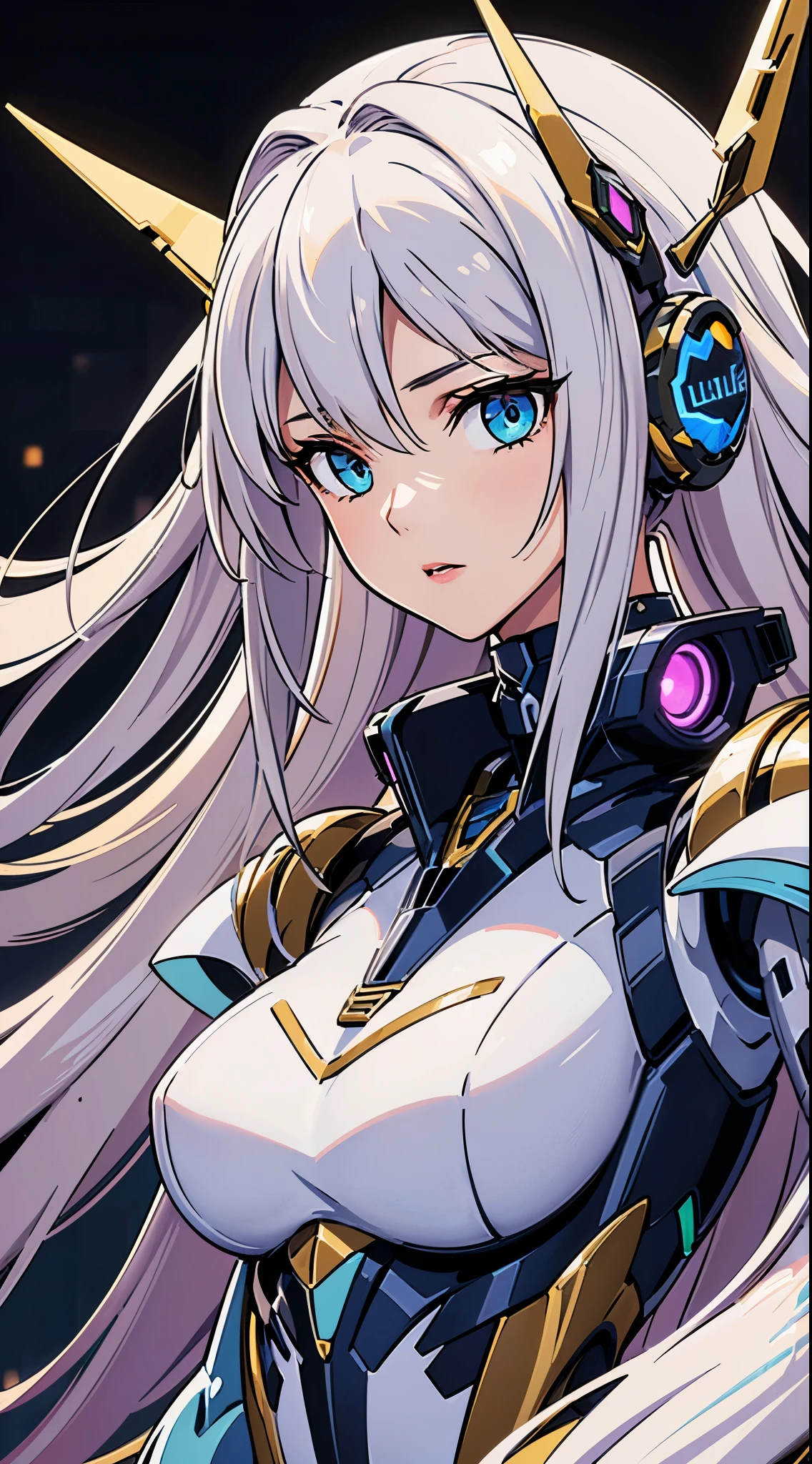 ((Blue shining mechanical eyes:1.3))、((8K)), ((32k)), ((highest quality)), ((masterpiece)), ((超A high resolution)), ((T Masterpiece)), fine skin texture, fine cloth texture, fine metal texture、((beautiful and detailed face))、Raw photo、Professional, Ultra-fine painting, ((solo)), ((Mechaエンジェルに扮した女性)), beautiful breasts, concept art, anime fantasy artwork, detailed fantasy art, (Has pale blue-purple hair and large white mechanical wings.,), (((long hair))), (Mecha:1.6)、Sleek and menacing design, ((Armament of the Supreme Commander-in-Chief)), (perfect robot body)、Pure white and blue-purple armor, symmetrical mechanical wings, 8K high quality detailed art, 3D rendering of character art in 8K, clear legs, defined, defined fingers, NSFW、(((head shot:1.3)))