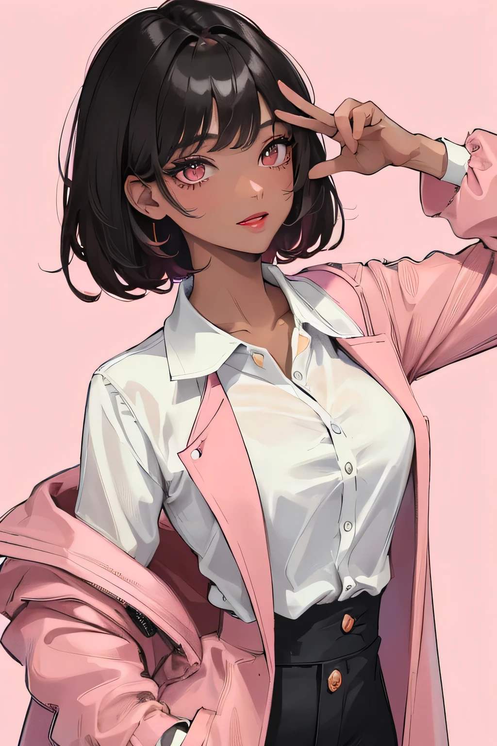 ultra hyper-detailed、High quality、best quality、Highly detailed、Accurate illustrations、pencil drawing、edge detection、sharpness、high contrast、highlight、photoRealstic、cinema light、8K、Accurate limbs, Accurate fingers, light pink background、PINK GRADE BACKGROUND、Gradient with dark skin、pretty girl、smiling, cute pose, Half Body, pink shirt with collar, Peach colored Jacket、Bright red lipstick、Bright red eyeshadow、hazel eyes、black hair、short hair、Light short hair