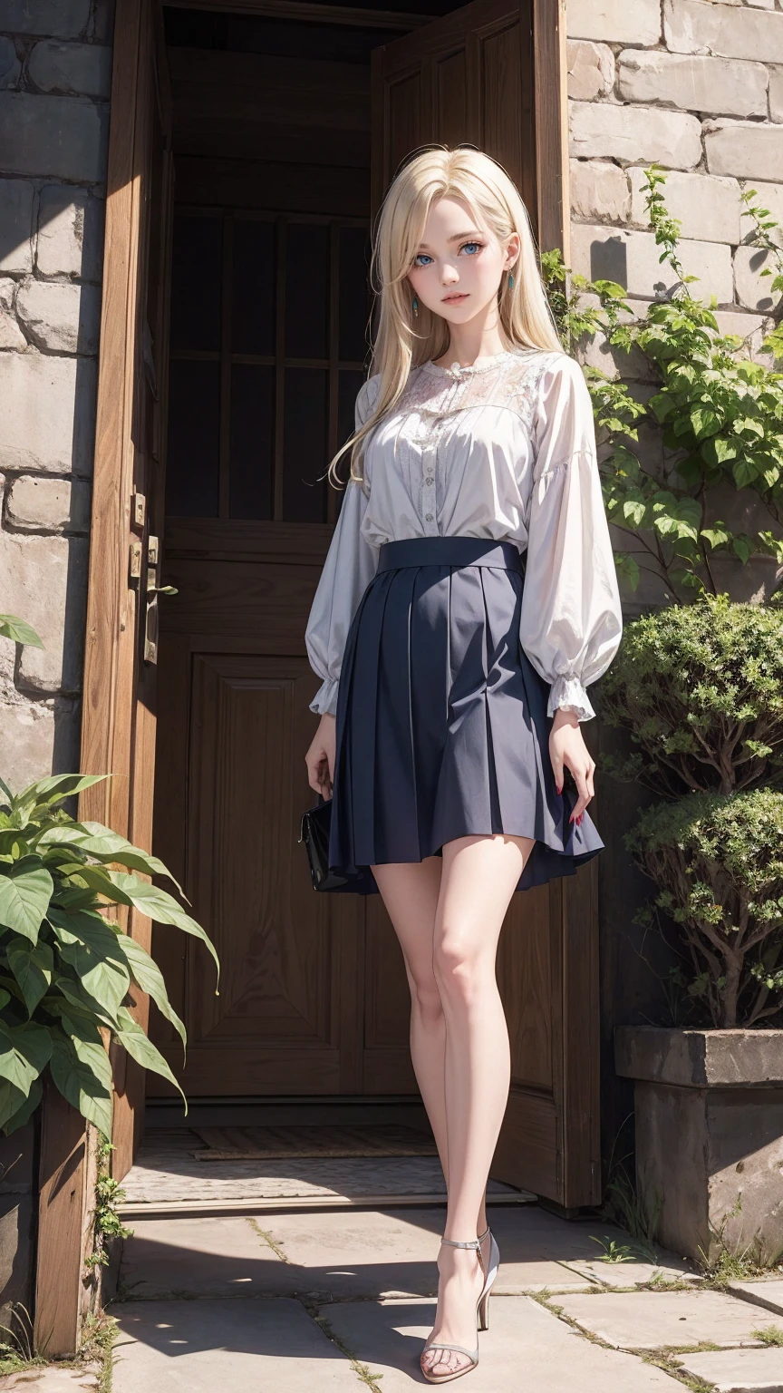 ((最high quality, 8K, masterpiece: 1.3, Ultra HD, high quality, 最high quality, High resolution, realism)) 、25 year old white woman、platinum blonde、blue eyes、long hair、、hair above one eye、、smile、slender、slenderでありながらアスリートのような細マッチョの身体、I don't want my head to disappear from the screen.、Accessorize your wrist、Wearing red nail polish、I have a peticure、Smock Blouse((smock blouse))wear、straight skirt((straight skirt))Wear、Wear high heels、I'm in the intricate passageways of the old town.、There is a masonry wall covered with ivy
